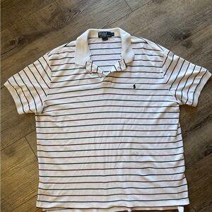 Polo by Ralph Lauren Men's white with maroon and navy Striped Shirt.